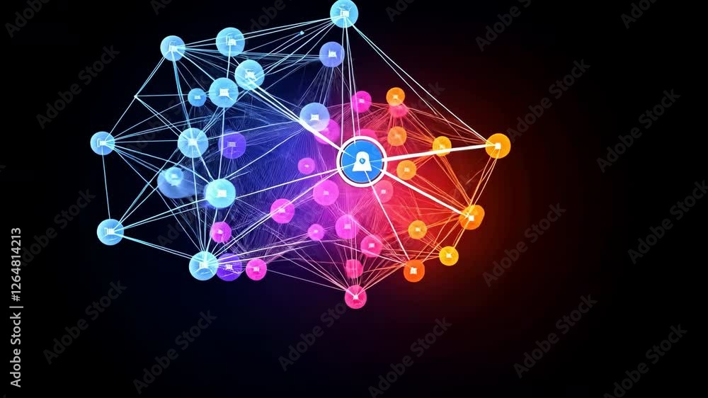 Poster vibrant digital network of interconnected nodes with central lock symbol for cybersecurity and data 