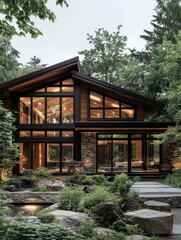 Naklejka premium Modern home seamlessly integrates with surrounding lush forest environment