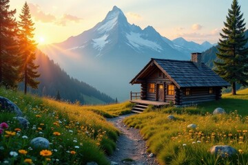 Fototapeta premium Serene mountain cabin nestled in a vibrant alpine meadow at sunset, a tranquil path leading to the idyllic wooden retreat, surrounded by wildflowers and majestic peaks