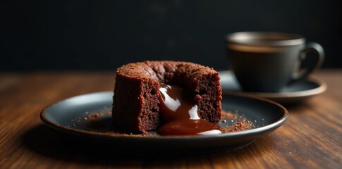 A delectable molten chocolate cake, served on a dark plate, with a rich, flowing chocolate sauce, accompanied by a cup of coffee, creating a delightful dessert experience.