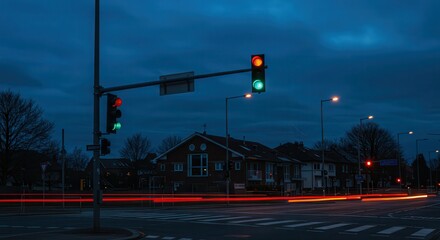Traffic Light Trails at Dusk in a Suburban Neighborhood Setting