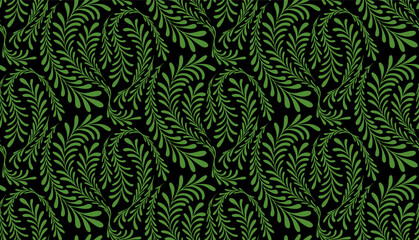 Green fern pattern seamless on dark background. Floral seamless pattern. Fern leaf with swirling leaves, perfect for textiles, wallpaper, and decorative backgrounds. © RDVector