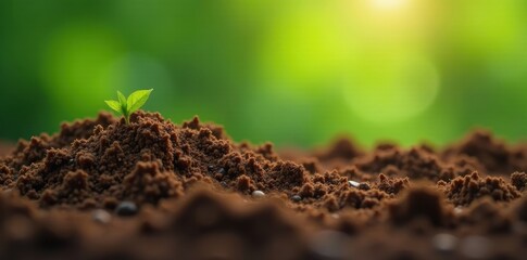 A tiny sprout emerges from rich dark soil, bathed in the warm glow of sunlight, symbolizing growth, renewal, and the promise of a vibrant future