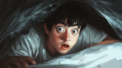 A shocked man peeks from under the floor, dust and cobwebs clinging to his hair, hyper-realistic details and intense lighting.