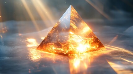 Bright Glowing Pyramid with Brilliant Light Reflection on Water