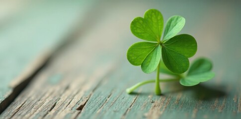 A vibrant green shamrock rests gently on a weathered, teal-colored wooden surface, evoking feelings of spring and renewal.