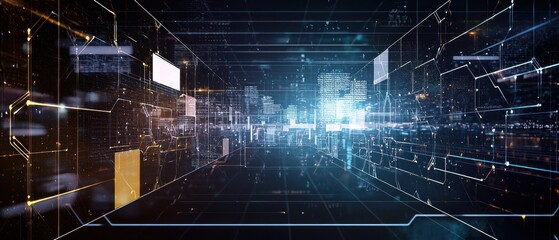 Abstract Futuristic Data Network with Glowing Blue and Orange Lines