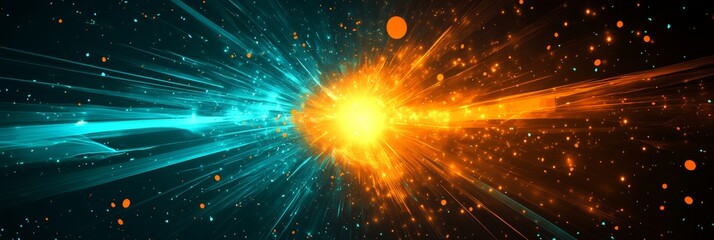 Obraz premium Abstract Cyan and Orange Bokeh Effect With Beams Collision, Geometric Art Background Design