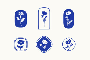 Vector illustration of flower with frame in simple hand drawn and linocut style. Simple contour vector illustration for cosmetics, postcard and pattern.