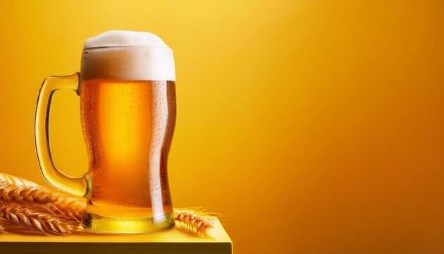 A beer on a yellow background. International Beer Day banner and concept, gold - Powered by Adobe