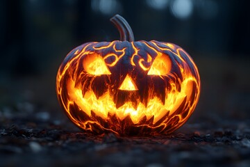 Naklejka premium Glowing Jack-o'-Lantern in Spooky Forest for Halloween Decor