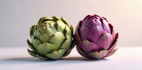 A Pair of Vibrant Artichokes, One in a Delicate Green Hue and the Other in a Rich, Deep Purple, Resting Side-by-Side on a Smooth, Neutral Surface.
