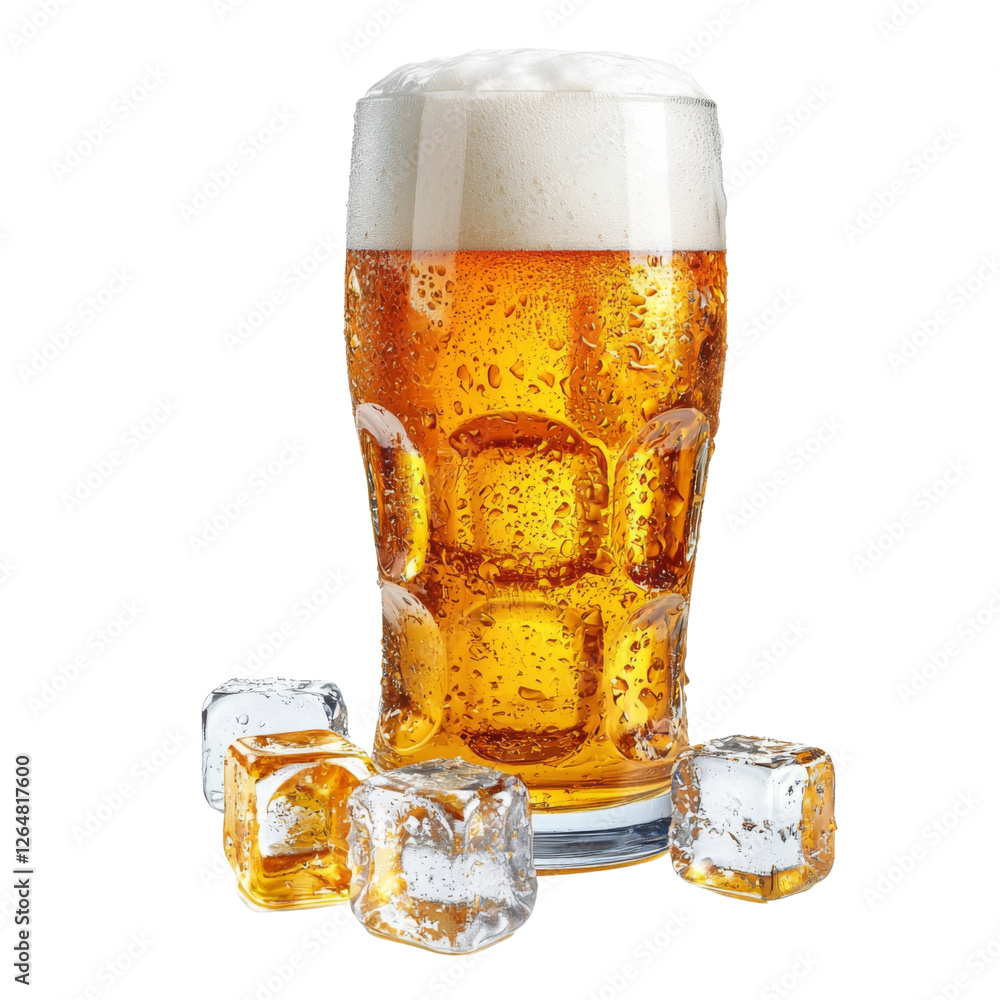Poster refreshing beer in glass with ice cubes, showcasing bubbles and foam. perfect for summer gatherings 
