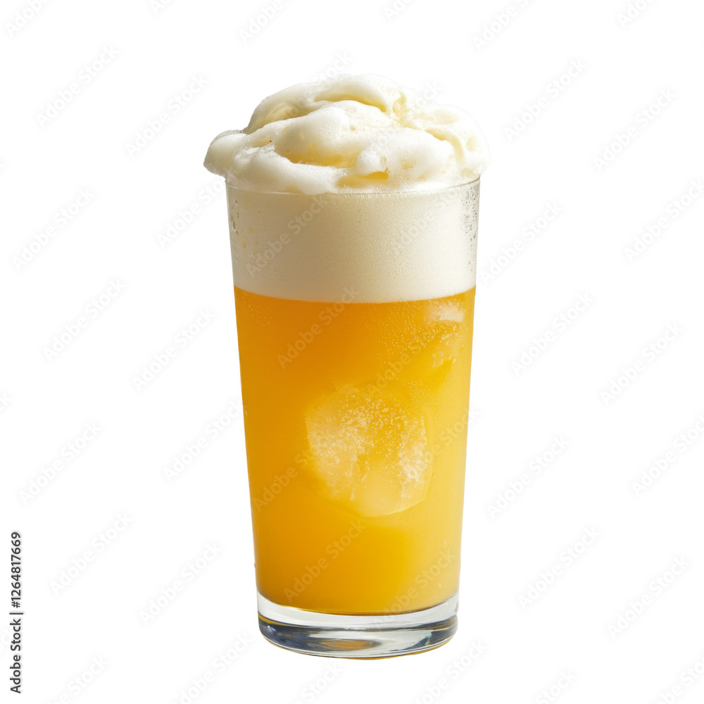 Poster refreshing beer with frothy foam in tall glass, featuring ice cubes. perfect for summer gatherings a