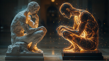 Fantastic frontiers, konfrontacja sztuki starożytnej z nowoczesną technologia, rzeźba mężczyzny, tło generative ai 