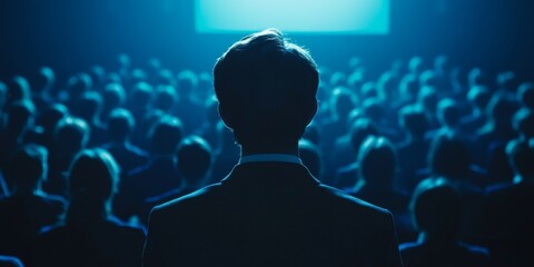 Speaker engaging audience at business conference