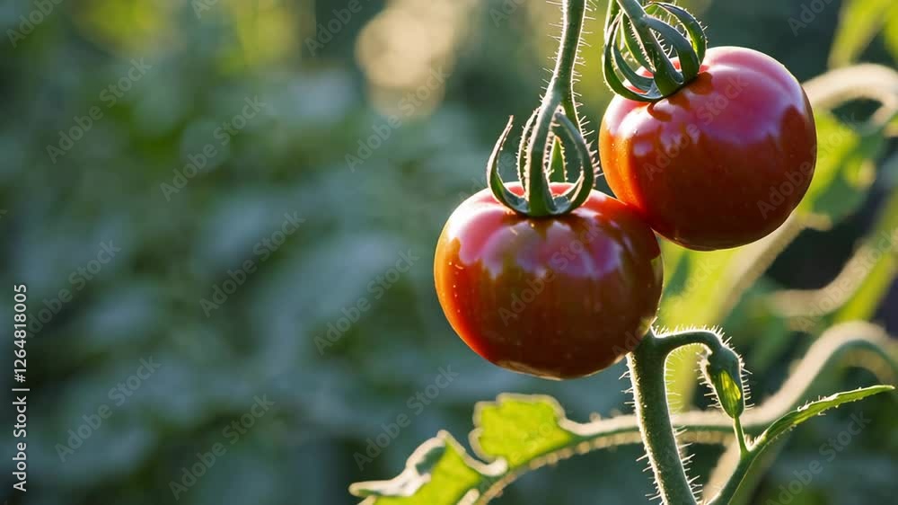 Poster sunlight illuminates two ripe red tomatoes hanging on a vine in a slow motion close up, showcasing t