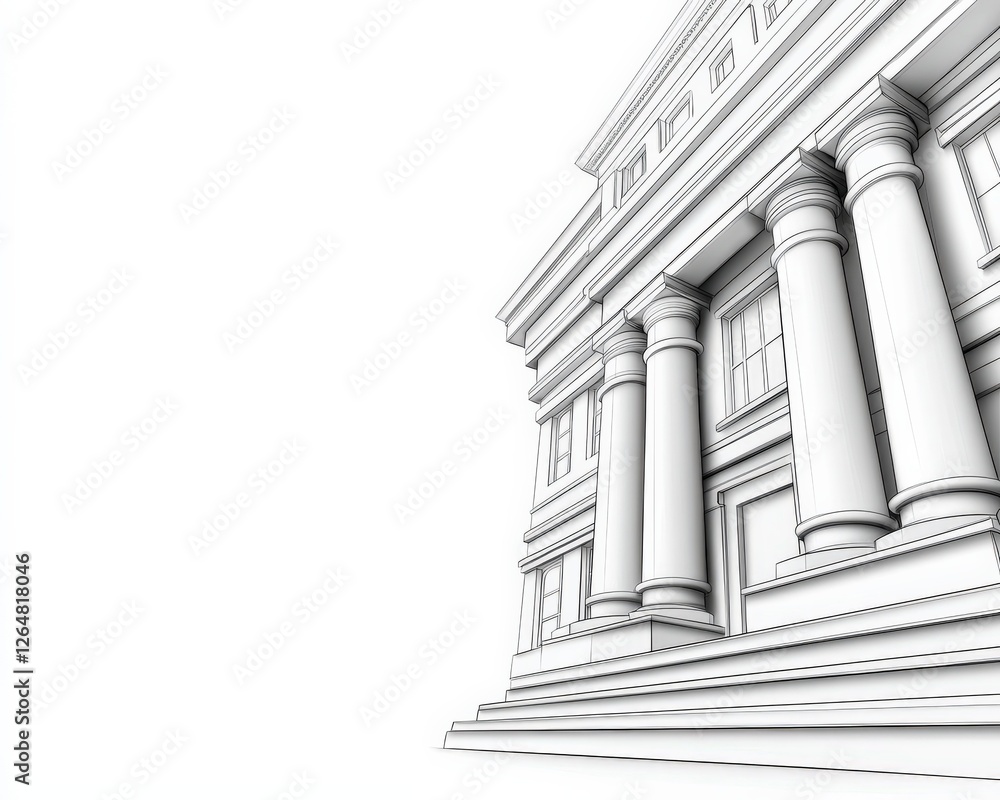 Poster a white building with columns and a large window. the building is very tall