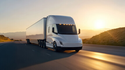 Sleek white truck delivers cargo open road vehicle photography sunset environment dynamic viewpoint