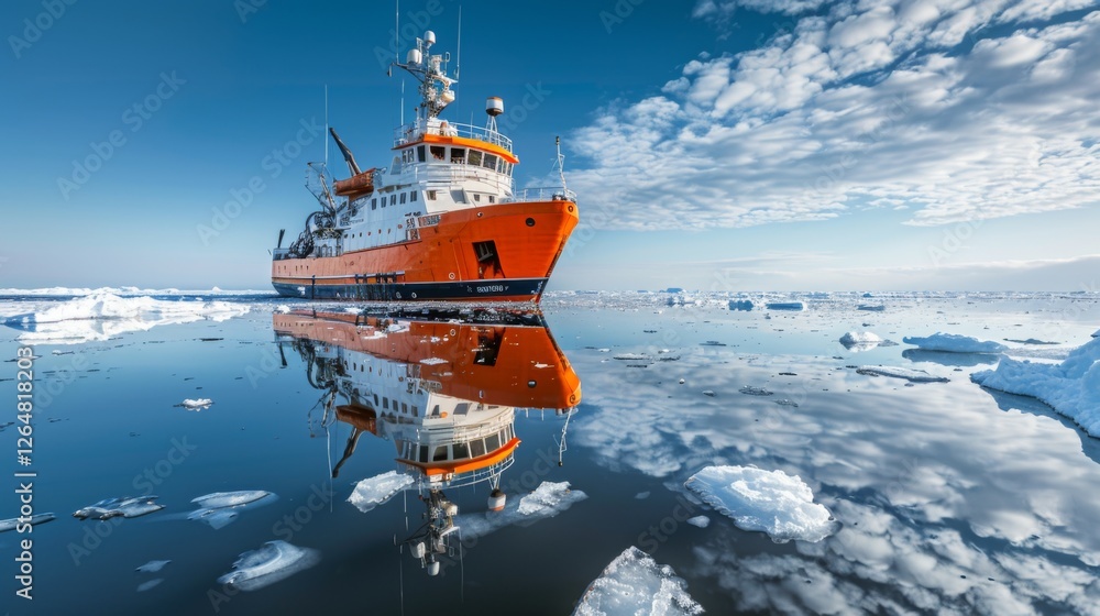 Poster a bright orange research vessel glides over the calm icy waters, surrounded by floating ice in the a