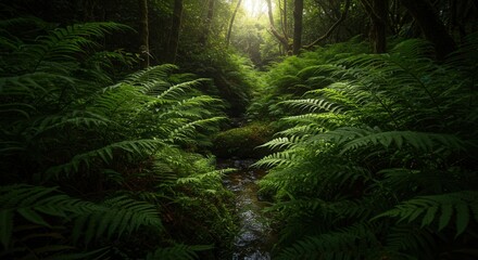 Fototapeta premium Lush Green Forest with Ferns and Flowing Stream of Water