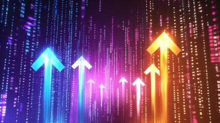 Bright upward arrows on a dynamic digital background with glowing binary code, signifying progress