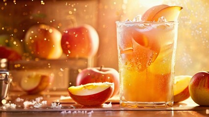 Fototapeta premium Delicious, Juicy, and Bright Still Life of Apple Juice with Pulp and Crushed Ice for National Juice Slush Day