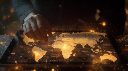 Businessperson analyzing global financial data on a tablet, with futuristic icons and a glowing world map in the background.