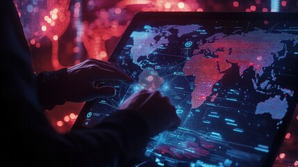 Businessperson analyzing global financial data on a tablet, with futuristic icons and a glowing world map in the background.