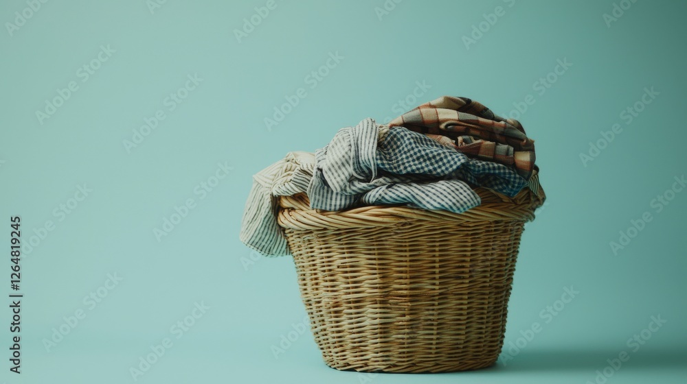 Poster a simple wicker basket overflowing with striped and checked clothes, set against a subtle light gree