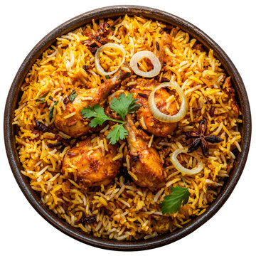 Delicious chicken biryani served in traditional pot, featuring fragrant basmati rice, tender chicken pieces, and garnished with onions and herbs, evoking warm, inviting atmosphere