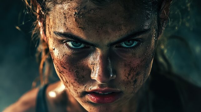 Close-up of a female athlete intense expression, face dirtied from a tough match, against a dramatic background.