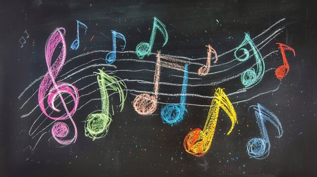 Colorful musical notes drawn in chalk on a blackboard.
