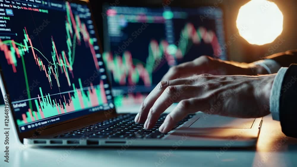 Poster Stockbroker analyzing finance chart data while working on laptop, illuminated by warm background light, capturing intense focus during market research process