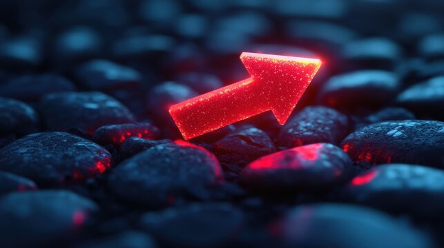 Close-up of a glowing red graph arrow on dark stones, illustrating financial growth.