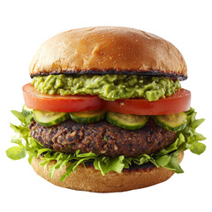 Delicious burger with veggie patty, fresh lettuce, tomatoes, and guacamole, served on toasted bun, perfect for healthy meal