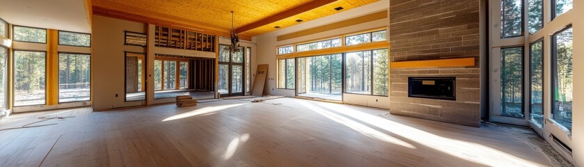 Fototapeta premium Modern open-concept living room with large windows and natural light
