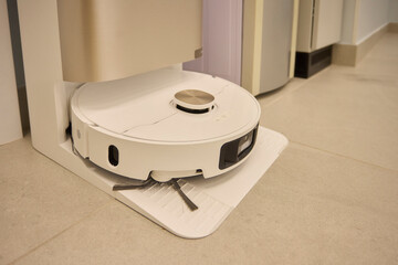 Robotic Vacuum Cleaner Station Set Within a Stylish and Modern Interior Decorative Space