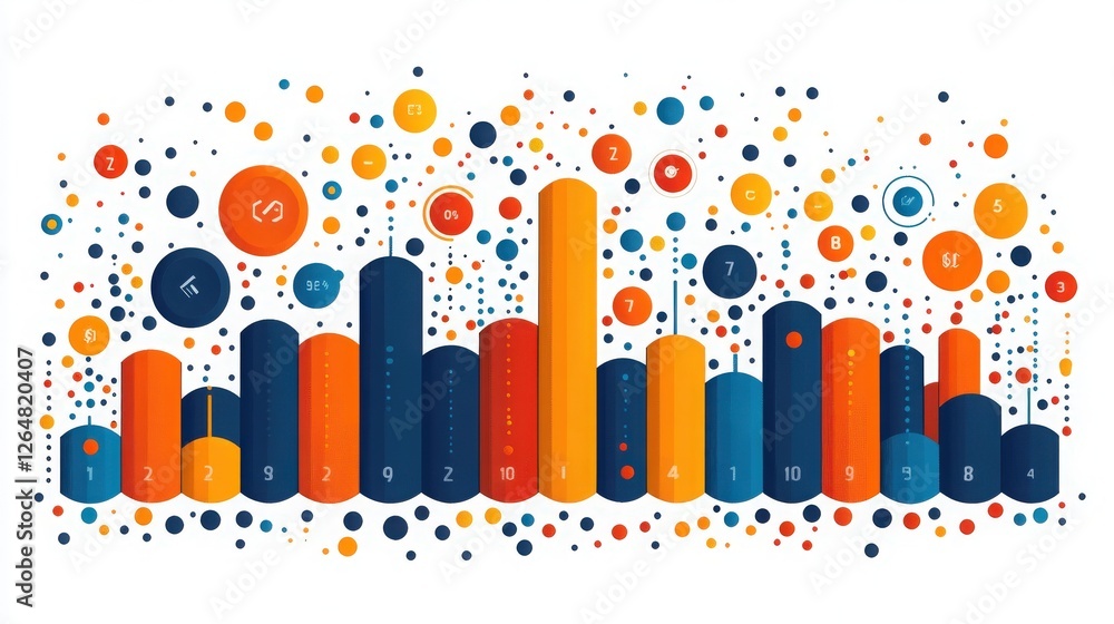 Poster colorful data visualization with circles and bars on white background