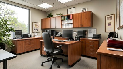 Modern Office Workspace with Wood Desks and Computers
