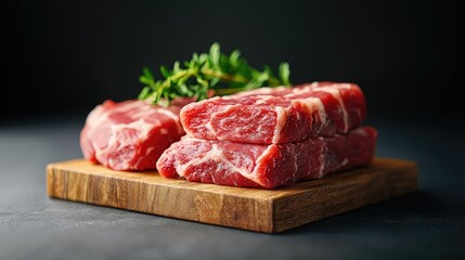 Raw beef steaks on wooden board, dark background, cooking preparation