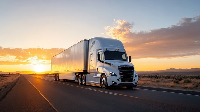 Long haul journey a white semi-truck cruising down a desert highway at sunset