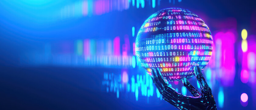 A digital hand holds a glowing sphere of binary code, showcasing a fusion of technology and creativity in a vibrant, colorful environment.