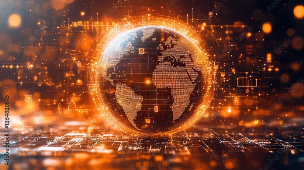 Aufkleber digital global network sphere in warm tones with tech elements