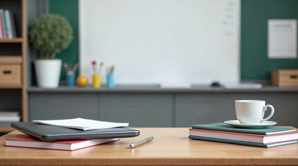 Teacher's Office Desk with Books, Coffee, and Whiteboard in School