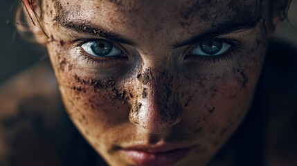 Close-up shot of a competitive female athlete, dirt-streaked face, sharp gaze, ready for action.
