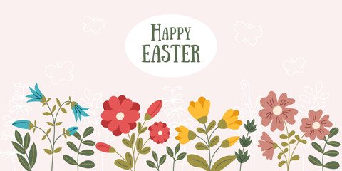 Easter banner with spring flowers. Vector spring background in flat style.