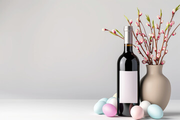 Mockup of a bottle of red wine with Easter eggs and spring twigs in a vase on a light background with copy space. Easter celebration and holiday greeting concept