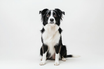 A beautiful black and white border collie sitting gracefully against a clean background. isolated on white background.