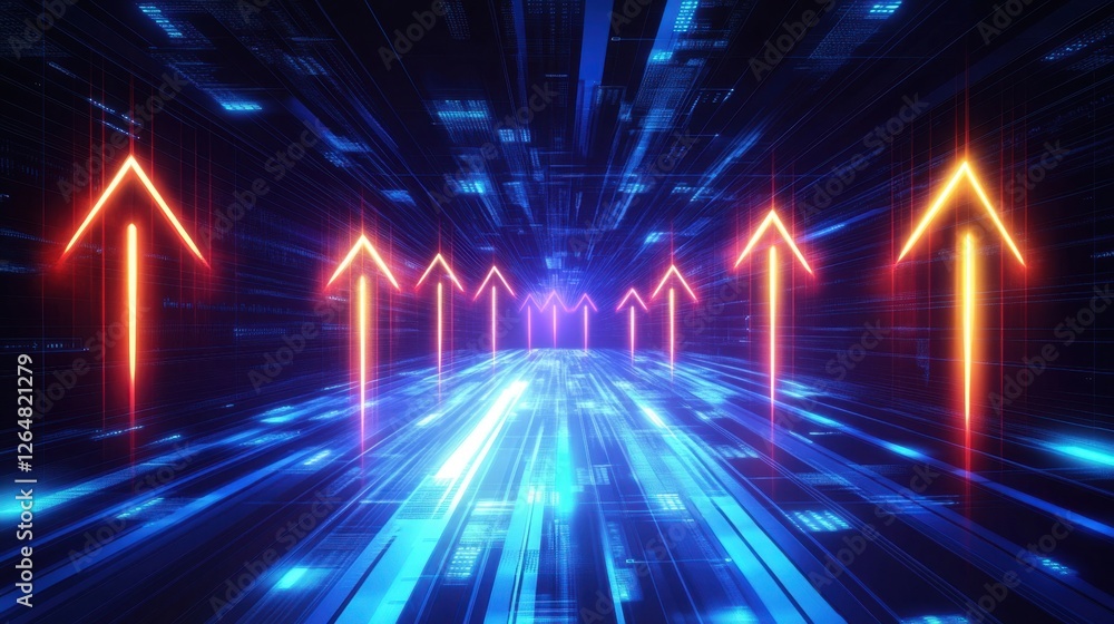 Aufkleber digital interface with glowing upward arrows representing growth and progress on a sleek futuristic 